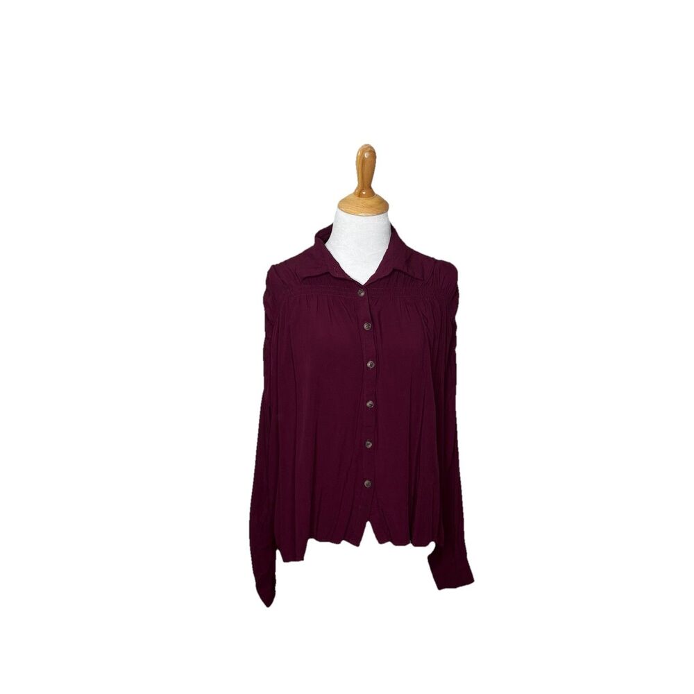 Andree By Unit Burgundy Maroon Button Down Flowy Blouse Size Small Womens